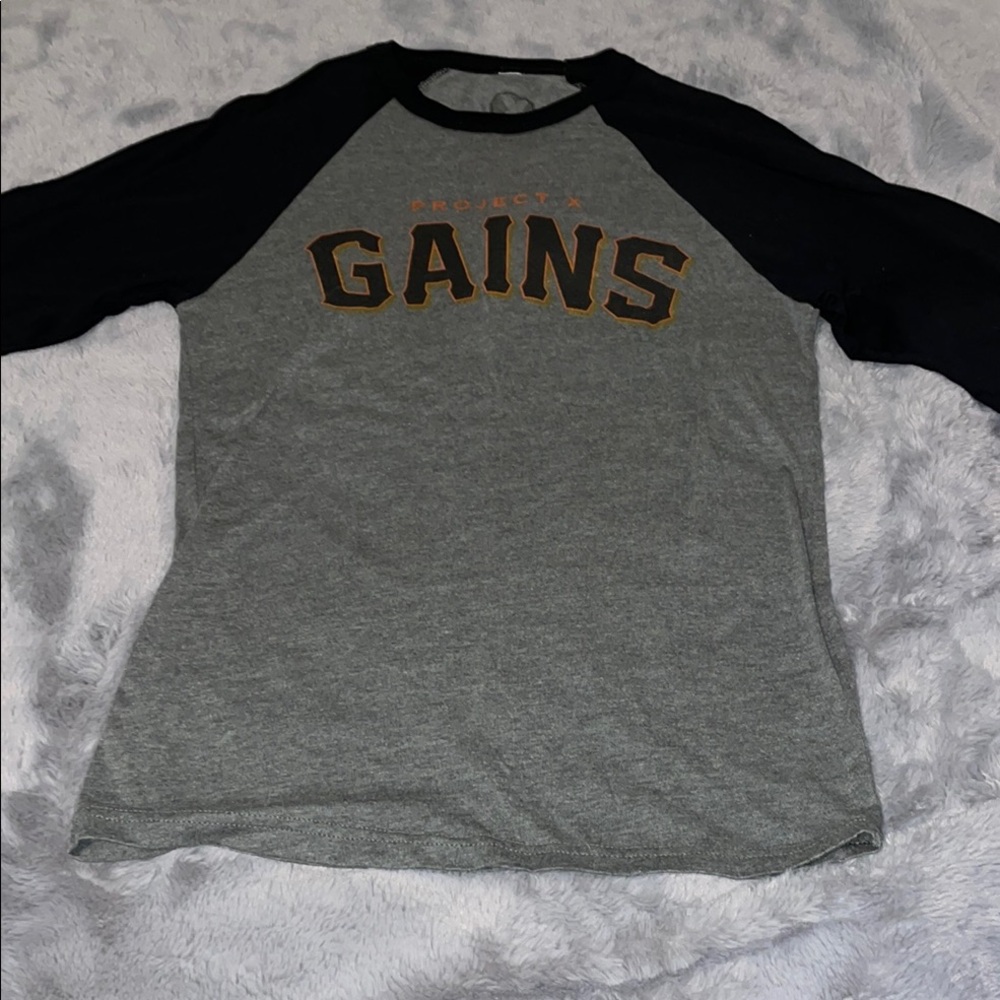 Project X - Project Gains 💪Gray and Black Long Sleeve Baseball tee